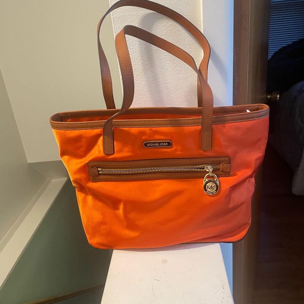 Michael Kors Orange and Brown Tote with Glossy Finish